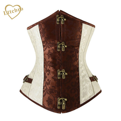 Brown and Lvory Underbust Corset  Goth Buckle Highest Quality Flowers Pattern Steampunk Corset