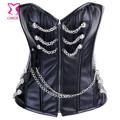 Corzzet Victorian Leather Zipper Steampunk Overbust Corset Steel Boned Waist Slimming Push Up Bustier Sexy Gothic Women Clothing