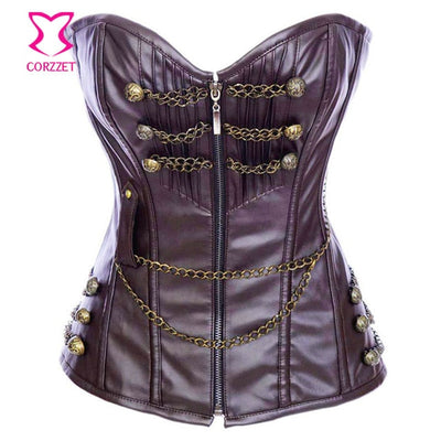 Corzzet Victorian Leather Zipper Steampunk Overbust Corset Steel Boned Waist Slimming Push Up Bustier Sexy Gothic Women Clothing