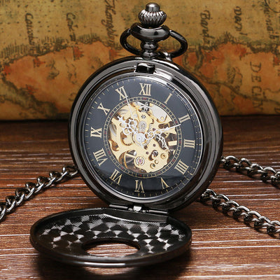 Vintage Luxury Black Metal Mechanical Pocket Watch Steampunk Watches Pin Chain Men Women Pendant Clock Gift reloj de bolsillo