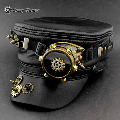 Men's Steampunk Gear Goggle Black Hat Vintage Real Leather Cap