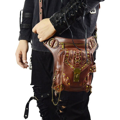 New Style Cool Punk Leather Waist Bag Retro Steampunk Bags Skull PU Leather Leg Bags Brown Rivet Crossbody Bag Phone Case Holder
