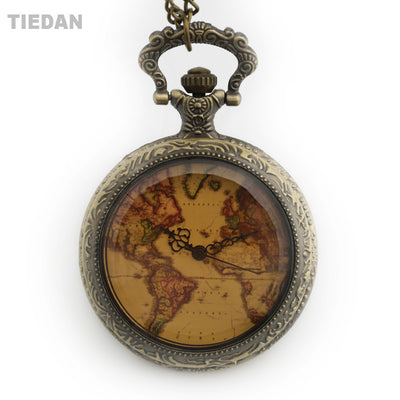 TIEDAN Dropshipping 2018 New Arrived Hollow Steampunk Bronze Antique Pocket Watch World Map Dial Retro Fob Watches with Necklace