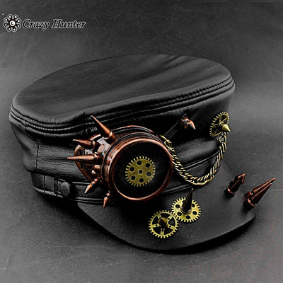 Men's Vintage Spike Steampunk Gear Goggle Leather Hat Vintage Real Cap #21