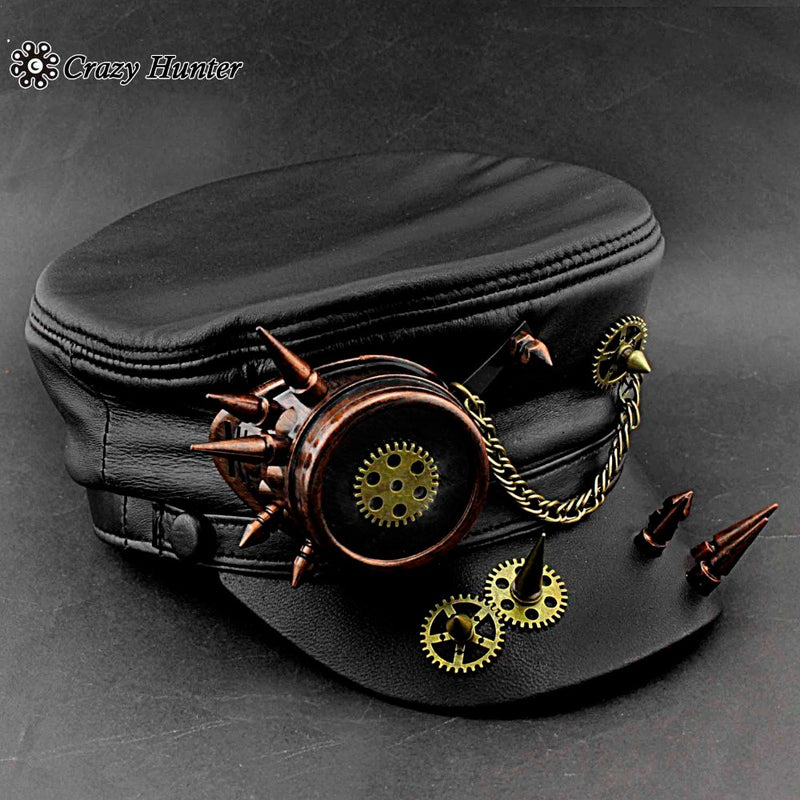 Men's Vintage Spike Steampunk Gear Goggle Leather Hat Vintage Real Cap #21