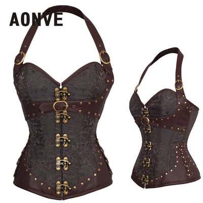 AONVE Steampunk Corset Brown Gothic Bodice Sexy Lingerie PU Leather Underbust Corsage Belt Modeling Strap Corsets And Bustiers