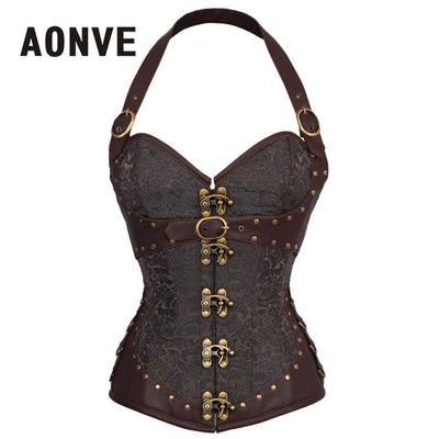 AONVE Steampunk Corset Brown Gothic Bodice Sexy Lingerie PU Leather Underbust Corsage Belt Modeling Strap Corsets And Bustiers