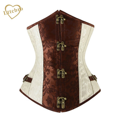 Brown and Lvory Underbust Corset  Goth Buckle Highest Quality Flowers Pattern Steampunk Corset