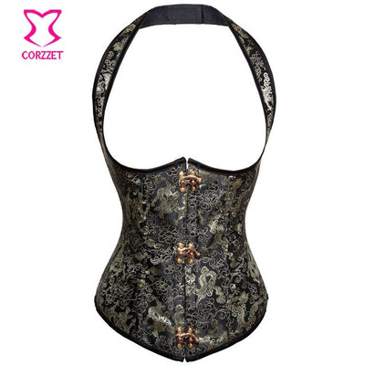 Black / Gold Dragon Embroidery Halter Steampunk Steel Boned Corset Underbust Vest Gothic Clothing Espartilhos E Corpetes Sexy